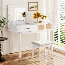 43.3" Classic Wood Makeup Vanity Set with Flip-top Mirror and Stool, Dressing Table with Three Drawers and storage space, White 43.3" Classic Wood Makeup Vanity Set with Flip-top Mirror and Stool, Dressing Table with Three Drawers and storage space, White