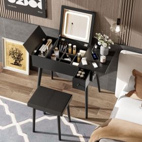 27.9" Black Makeup Vanity Desk with Flip Top Mirror and LED Light, Dressing Table with Charging Station, 2 Drawers and Fold-up Panel 27.9" Black Makeup Vanity Desk with Flip Top Mirror and LED Light, Dressing Table with Charging Station, 2 Drawers and Fold-up Panel